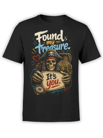 Black T-shirt with a skeleton pirate, treasure chest, compass, and “Found My Treasure” romantic design