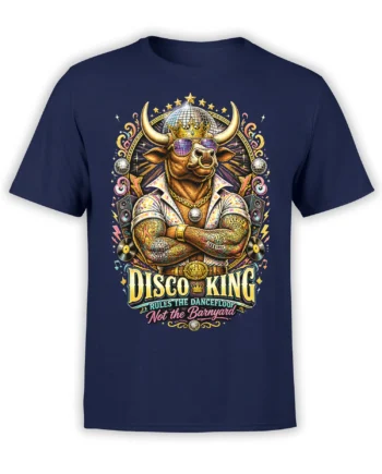 Navy graphic T-shirt with a crowned bull in sunglasses, tattoos, disco balls, and “DISCO KING” lettering