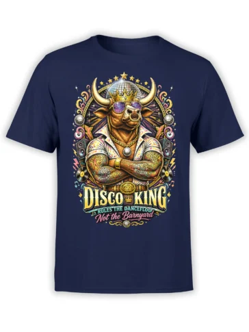 Navy graphic T-shirt with a crowned bull in sunglasses, tattoos, disco balls, and “DISCO KING” lettering