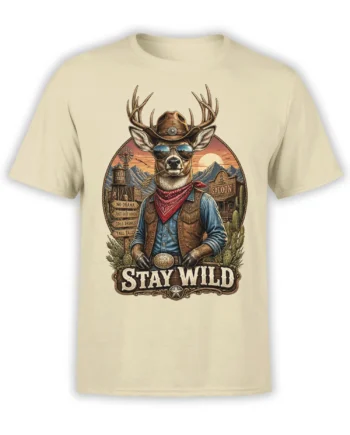 Vintage cowboy deer graphic with mountains, cactus, saloon, and Stay Wild text on a beige T-shirt