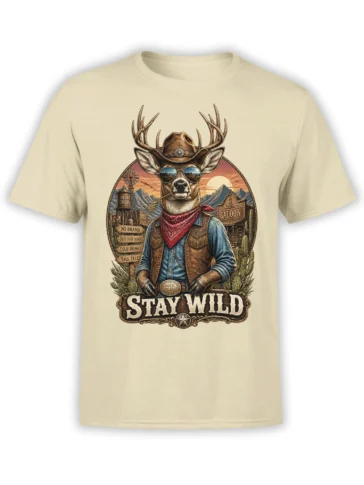 Vintage cowboy deer graphic with mountains, cactus, saloon, and Stay Wild text on a beige T-shirt