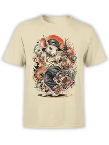 Beige T-shirt featuring a street-art mouse in red sneakers with koi, waves, clouds, and a pagoda