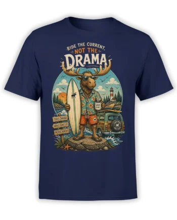 Navy T-shirt with a retro moose surfing design, sunglasses, surfboard, beach van, lighthouse, and coastal text