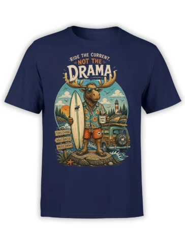 Navy T-shirt with a retro moose surfing design, sunglasses, surfboard, beach van, lighthouse, and coastal text