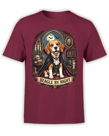 Vampire beagle wearing a black cape on a burgundy shirt with a Beagle by Night banner