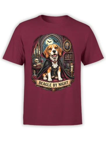Vampire beagle wearing a black cape on a burgundy shirt with a Beagle by Night banner