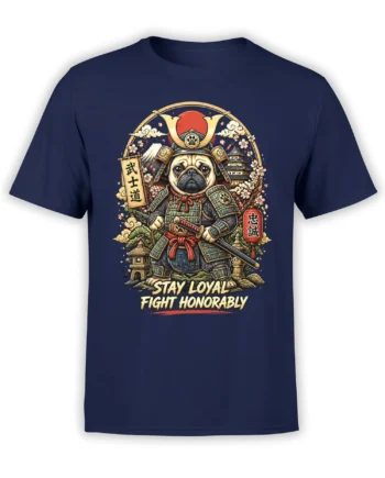 Armored pug warrior with a sword and loyalty slogan on a navy graphic T-shirt