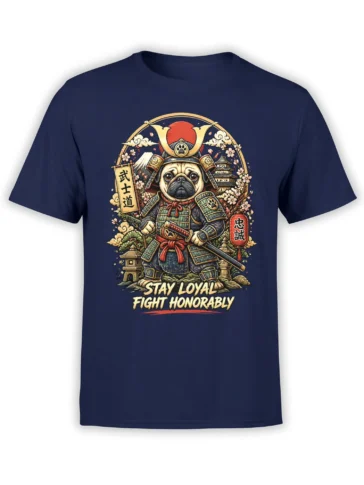Armored pug warrior with a sword and loyalty slogan on a navy graphic T-shirt