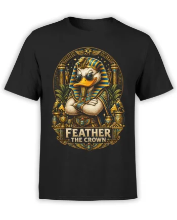 Black T-shirt with an Egyptian pharaoh duck in sunglasses, blue and gold details, pyramids, and “FEATHER THE CROWN”