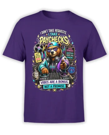 Purple T-shirt with a colorful DJ bear wearing sunglasses, headphones, and a jacket behind a turntable
