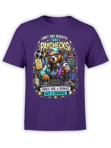 Purple T-shirt with a colorful DJ bear wearing sunglasses, headphones, and a jacket behind a turntable