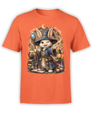 Orange T-shirt featuring a cheerful cat wizard in a blue robe with potions, spell books, crystals, and a crescent moon