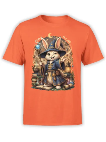 Orange T-shirt featuring a cheerful cat wizard in a blue robe with potions, spell books, crystals, and a crescent moon