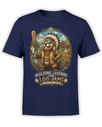 Vintage navy beaver T-shirt with headdress, paddle, Canadian landscape, and “Dam Good Ideas” lettering