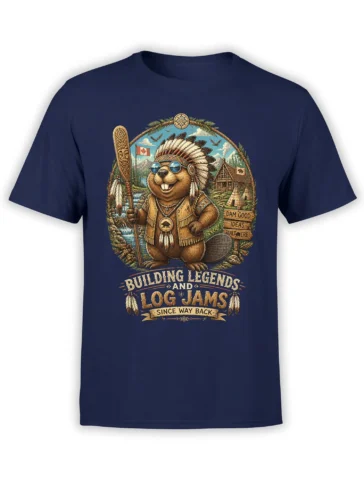 Vintage navy beaver T-shirt with headdress, paddle, Canadian landscape, and “Dam Good Ideas” lettering