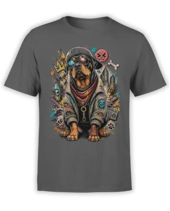 Gray Rottweiler graphic T-shirt with sunglasses, graffiti, skulls, bones, and a boombox