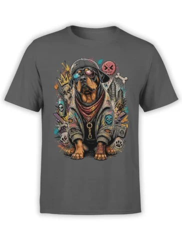 Gray Rottweiler graphic T-shirt with sunglasses, graffiti, skulls, bones, and a boombox