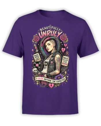 Purple punk T-shirt with tattooed woman, colorful hair, roses, skulls, vinyl record, and beautifully unruly lettering