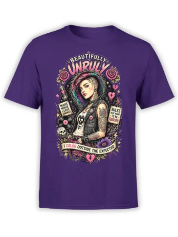 Purple punk T-shirt with tattooed woman, colorful hair, roses, skulls, vinyl record, and beautifully unruly lettering