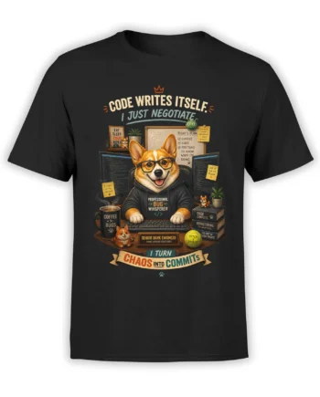 Black corgi programmer T-shirt with a glasses-wearing dog, computer desk, coffee mug, and coding humor
