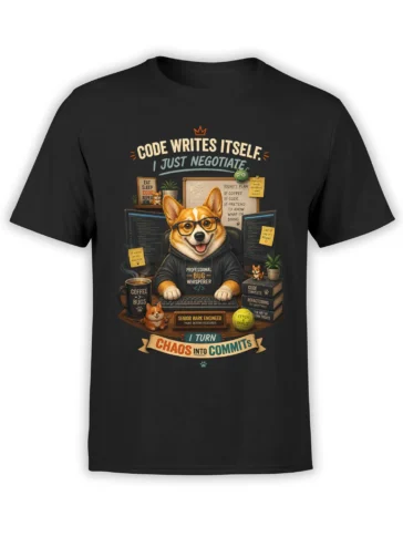 Black corgi programmer T-shirt with a glasses-wearing dog, computer desk, coffee mug, and coding humor
