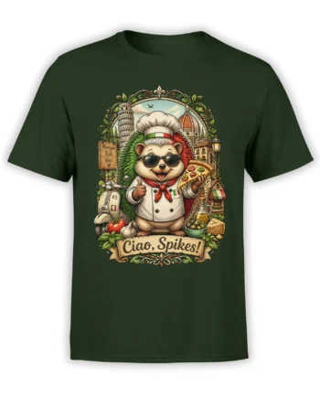 Green T-shirt with a smiling hedgehog chef holding pizza beside Italian landmarks and food illustrations
