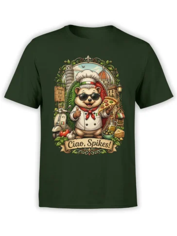 Green T-shirt with a smiling hedgehog chef holding pizza beside Italian landmarks and food illustrations