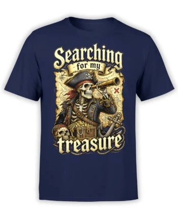 Vintage pirate skeleton searching for treasure on a navy T-shirt with a map, telescope, chest, and anchor