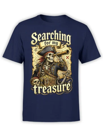 Vintage pirate skeleton searching for treasure on a navy T-shirt with a map, telescope, chest, and anchor
