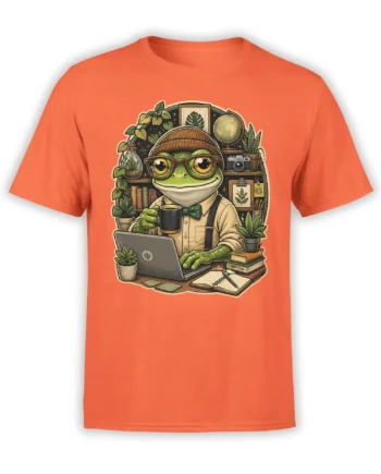 Green frog in glasses and beanie works on a laptop with coffee on an orange T-shirt