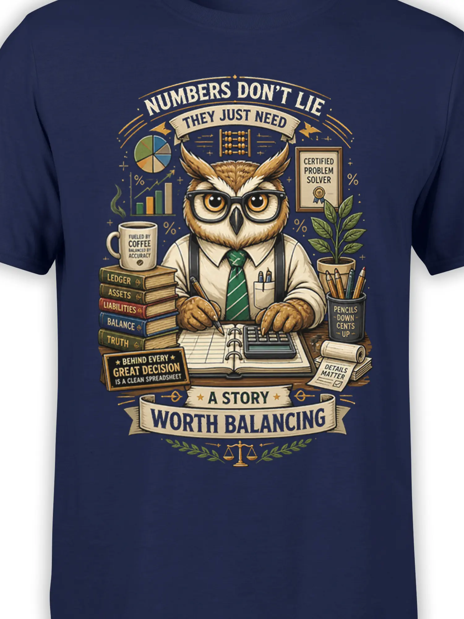 Detailed owl accountant artwork with glasses, calculator, ledgers, and coffee on a navy shirt