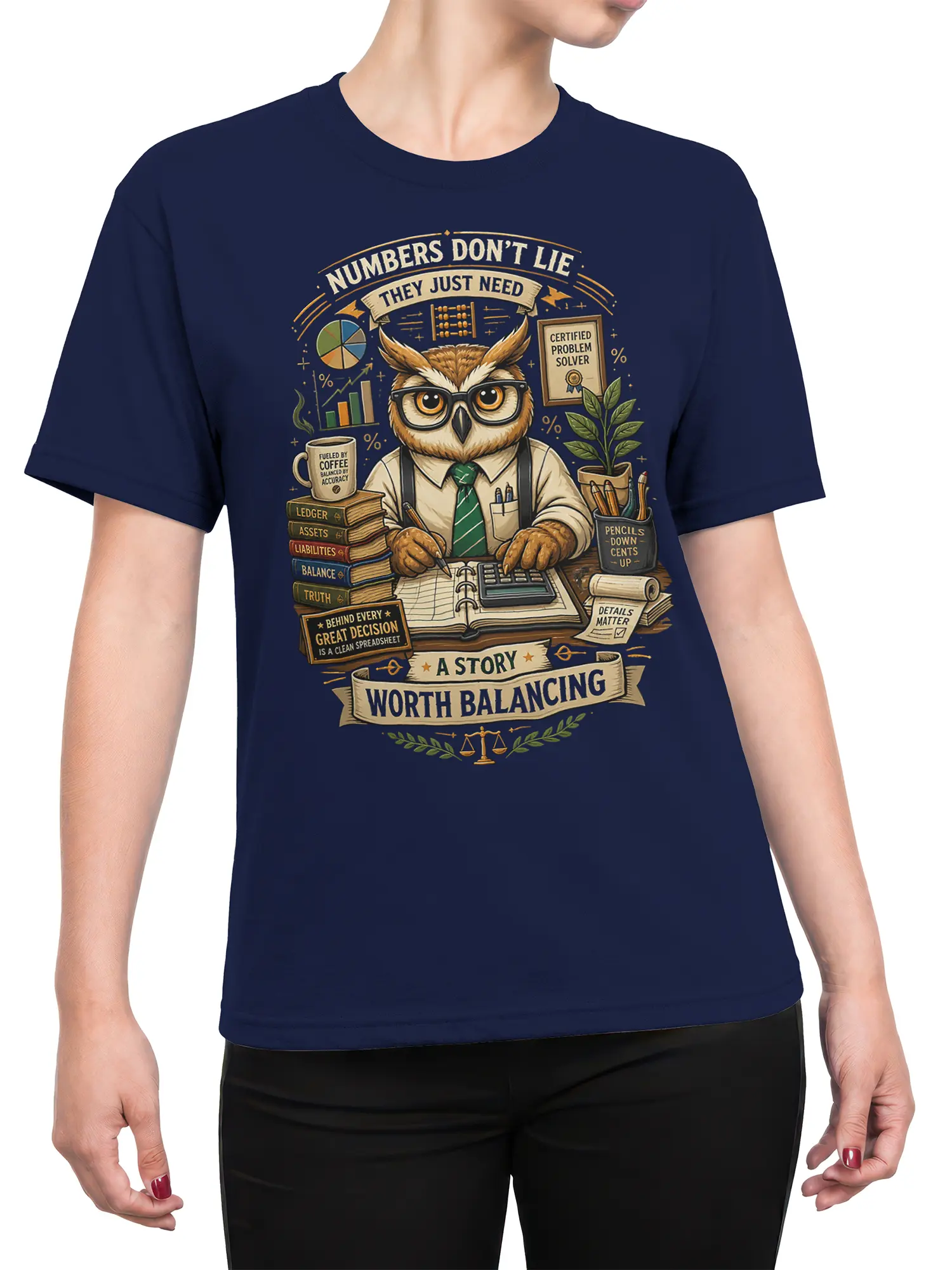 Female torso wearing a navy owl accountant T-shirt with ledgers, coffee, and spreadsheet artwork