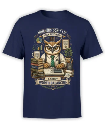 Owl accountant graphic with ledgers, coffee, calculator, and office humor on a navy T-shirt