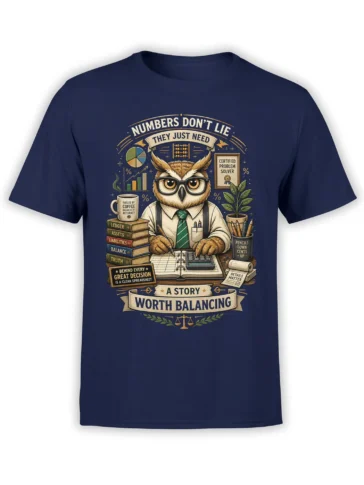 Owl accountant graphic with ledgers, coffee, calculator, and office humor on a navy T-shirt
