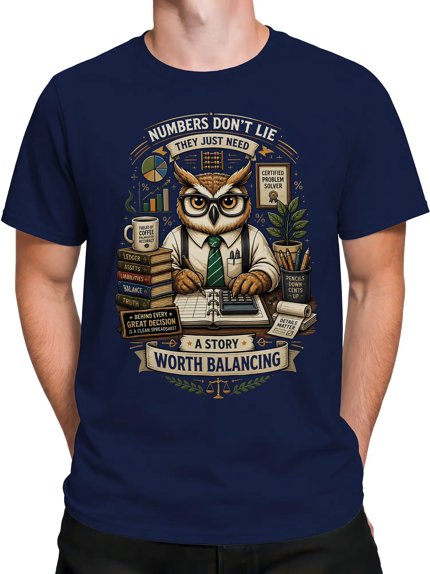 Male torso wearing a navy owl accountant T-shirt with vintage finance artwork