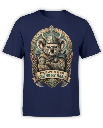 Viking koala graphic with eucalyptus, runes, axes, and banner on a navy T-shirt