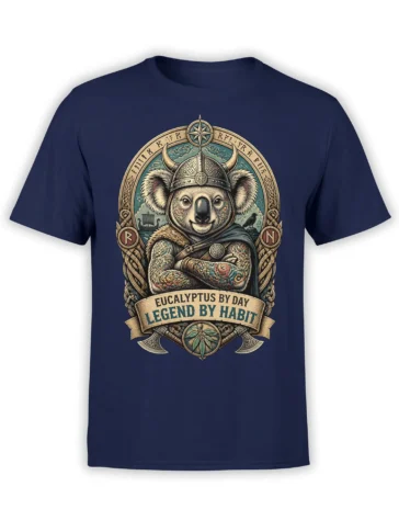Viking koala graphic with eucalyptus, runes, axes, and banner on a navy T-shirt