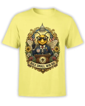 Yellow bee politician T-shirt with flags, flowers, podium, and “Rule Small, Win Big” design