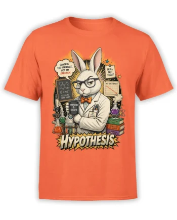 Orange T-shirt featuring a sarcastic rabbit scientist in glasses, lab coat, bow tie, beakers, and bold HYPOTHESIS text