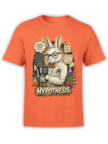 Orange T-shirt featuring a sarcastic rabbit scientist in glasses, lab coat, bow tie, beakers, and bold HYPOTHESIS text