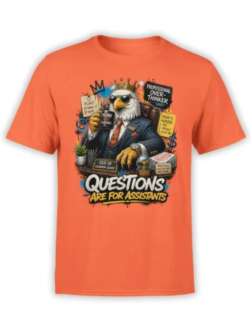 Crowned bald eagle CEO in a suit with office humor text on an orange graphic T-shirt