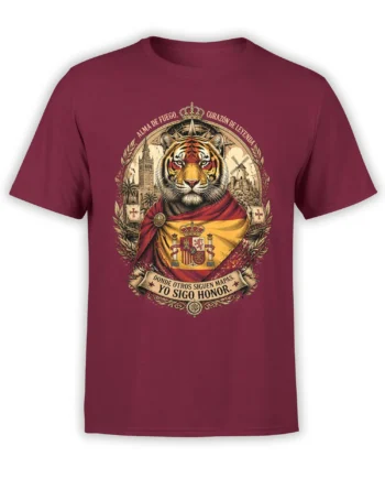 Crowned tiger in Spanish heraldic artwork with red and gold details on a burgundy graphic T-shirt