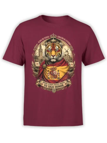 Crowned tiger in Spanish heraldic artwork with red and gold details on a burgundy graphic T-shirt