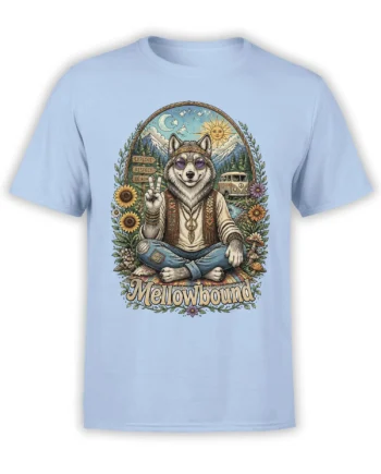 Light blue T-shirt with a seated hippie wolf, mountains, wildflowers, peace symbol, and Mellowbound text