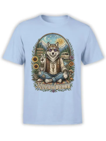 Light blue T-shirt with a seated hippie wolf, mountains, wildflowers, peace symbol, and Mellowbound text