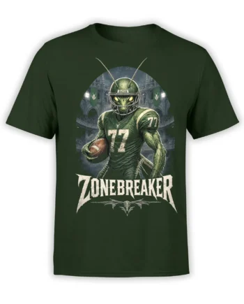 Dark green T-shirt with an alien football player, number 77, stadium scene, and Zonebreaker lettering