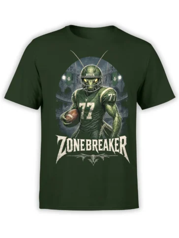 Dark green T-shirt with an alien football player, number 77, stadium scene, and Zonebreaker lettering