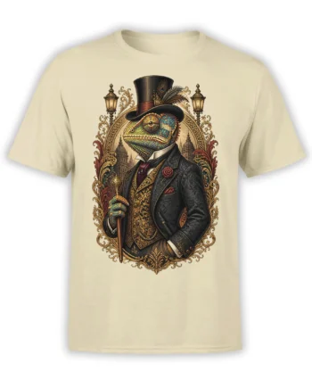 Colorful chameleon gentleman in a top hat and formal Victorian outfit on a beige graphic T-shirt