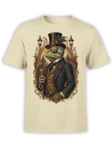 Colorful chameleon gentleman in a top hat and formal Victorian outfit on a beige graphic T-shirt
