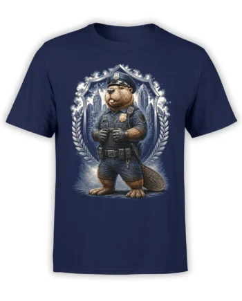 Uniformed beaver police officer graphic with city skyline and shield emblem on a navy T-shirt
